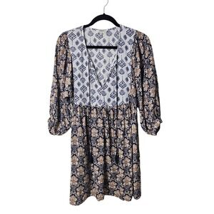 Umgee Large Puff Sleeve Mini Dress Tunic Boho Festival‎ Blue White  Vneck Ties